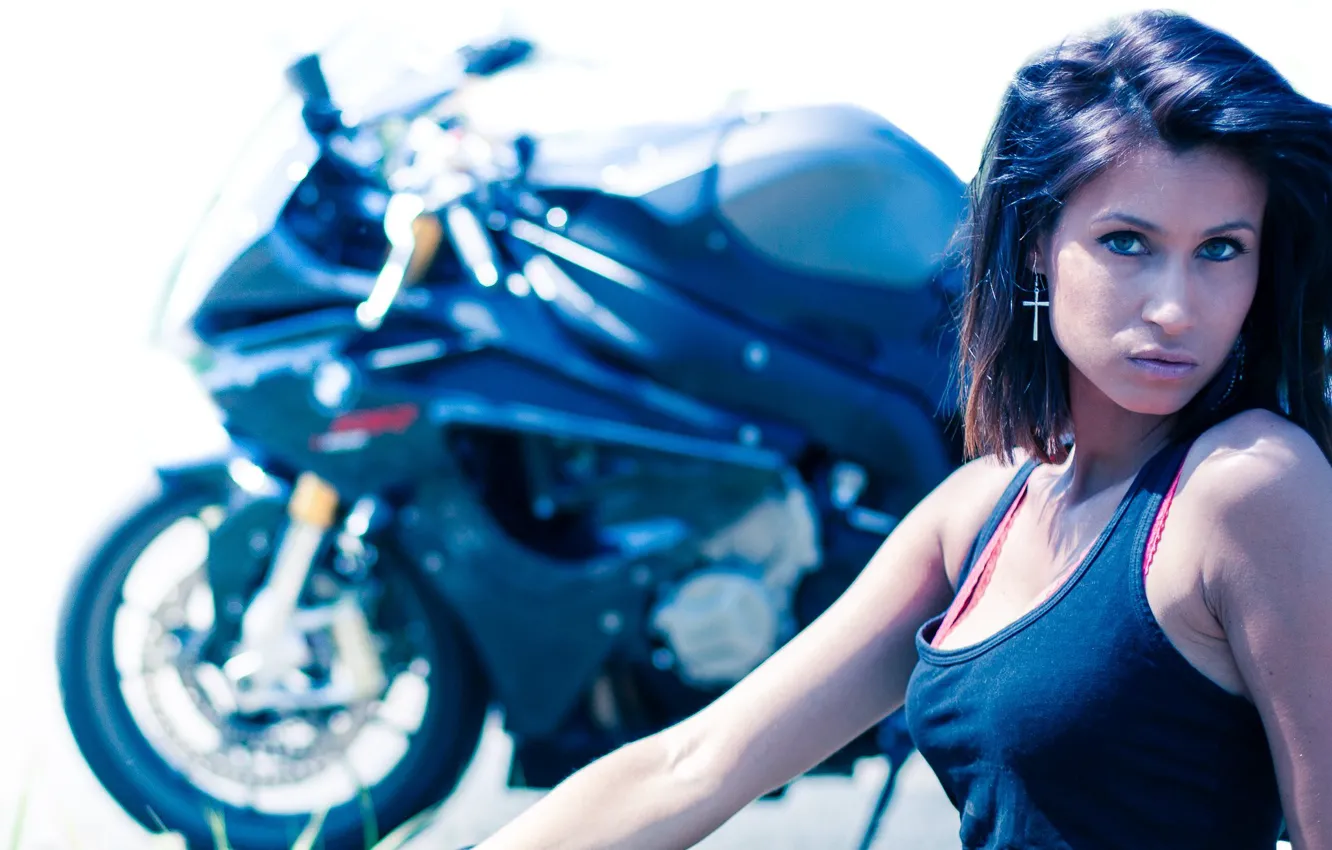 Фото обои BMW, Girl, Black, Brunete, S1000 RR