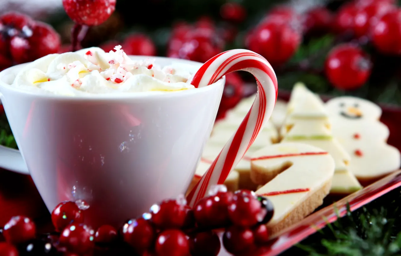 Фото обои зима, Новый Год, печенье, сливки, Рождество, трость, чашка, леденец
