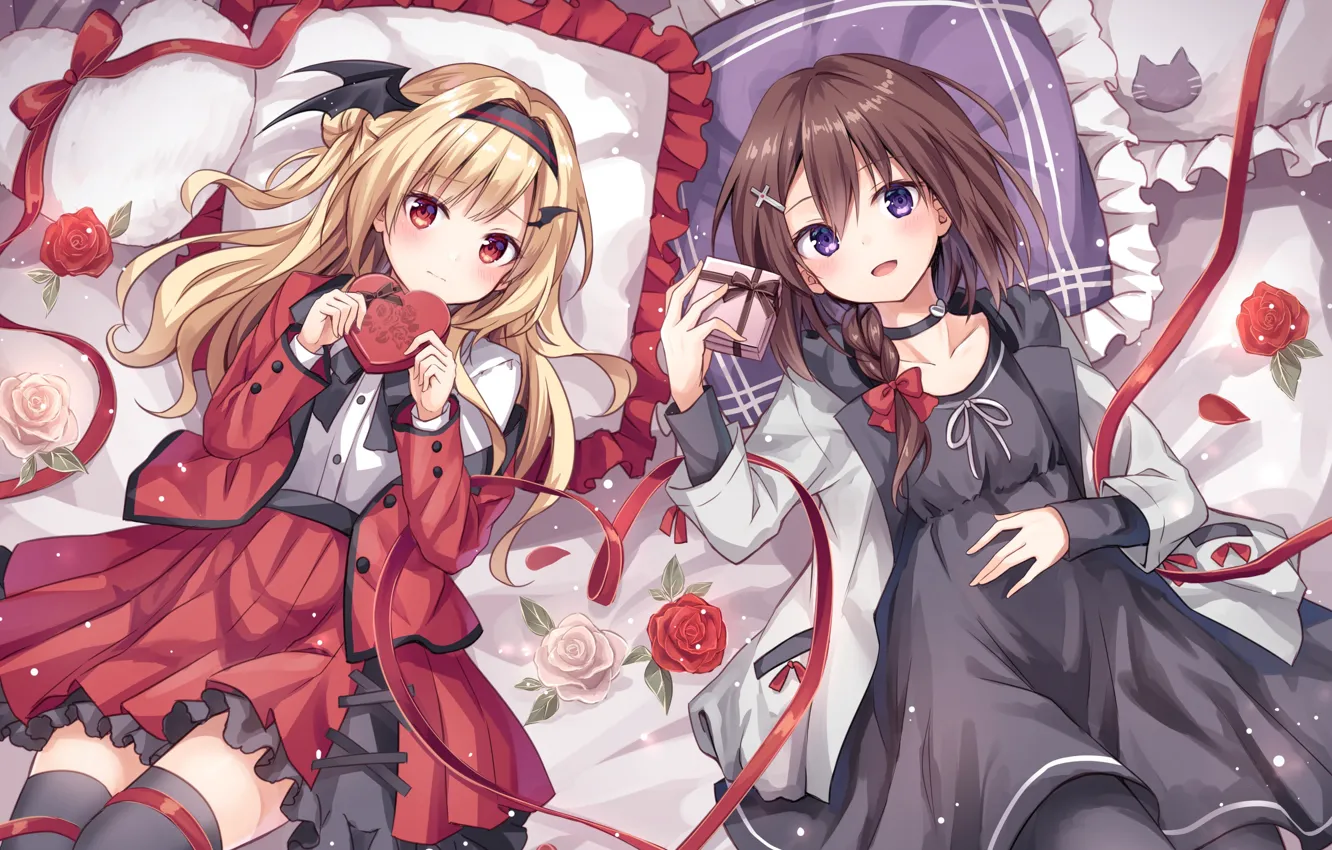 Фото обои девочки, розы, аниме