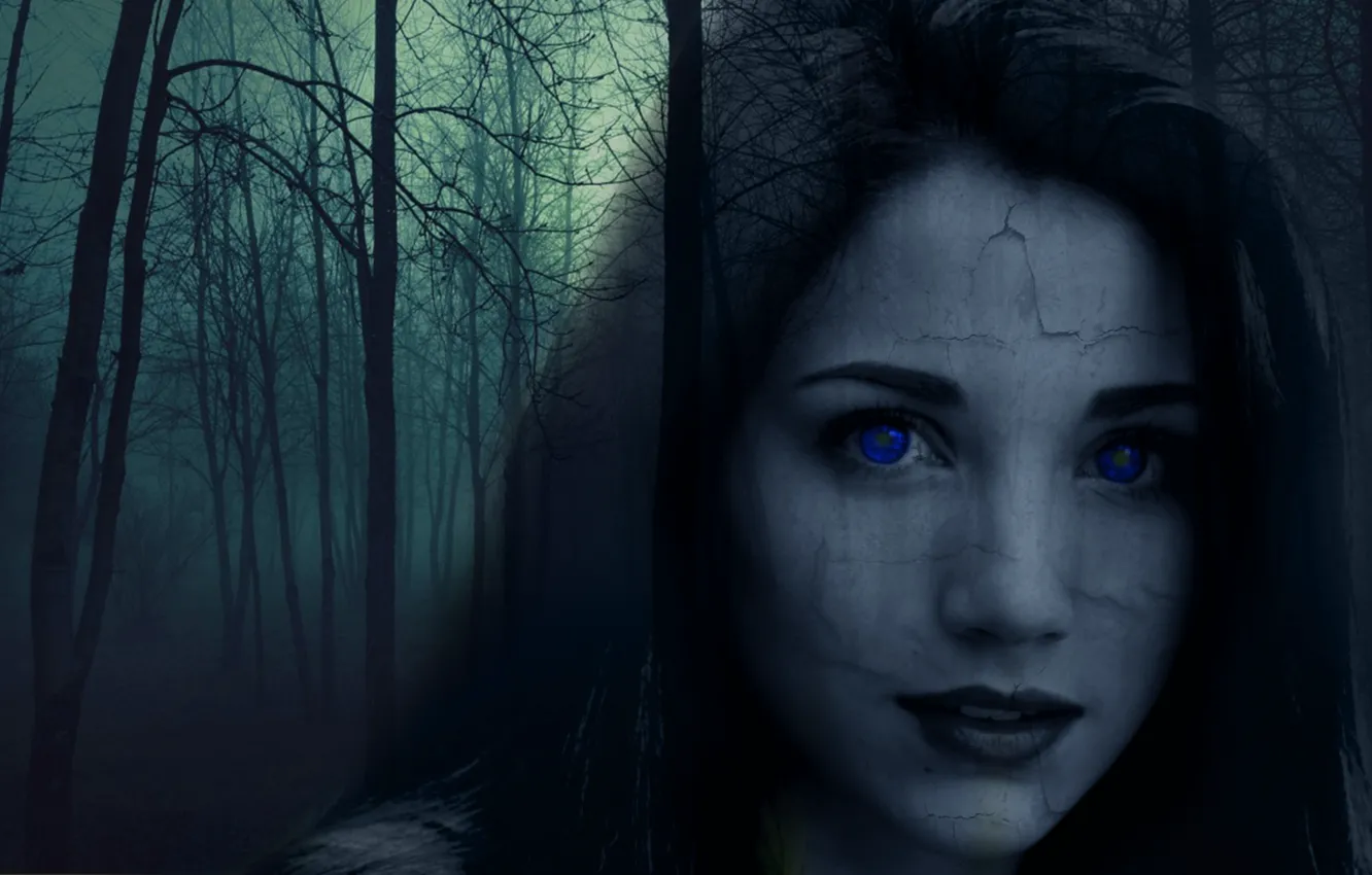 Фото обои лес, девушка, мрак, приведение, призрак, ужас, голубые глаза, четкая