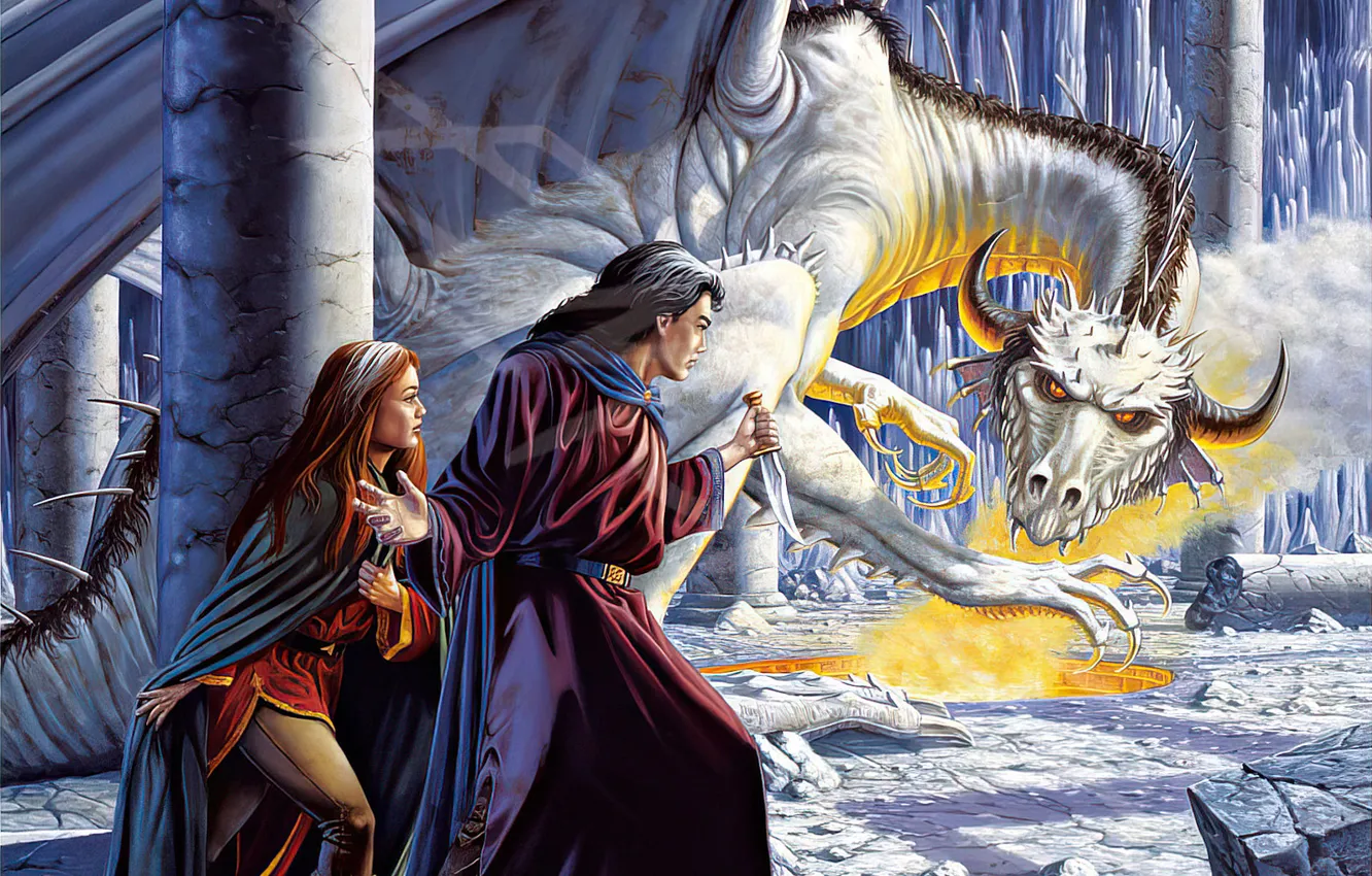 Фото обои Девушка, Дракон, Нож, Парень, Larry Elmore, Ларри Элмор