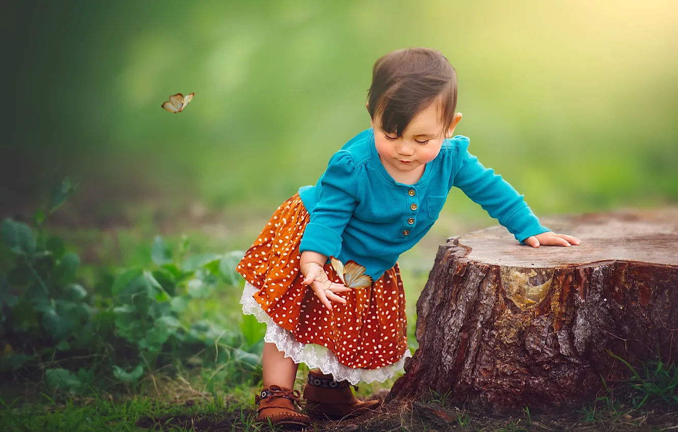 Фото обои бабочки, природа, пень, девочка, малышка, ребёнок, Edie Layland