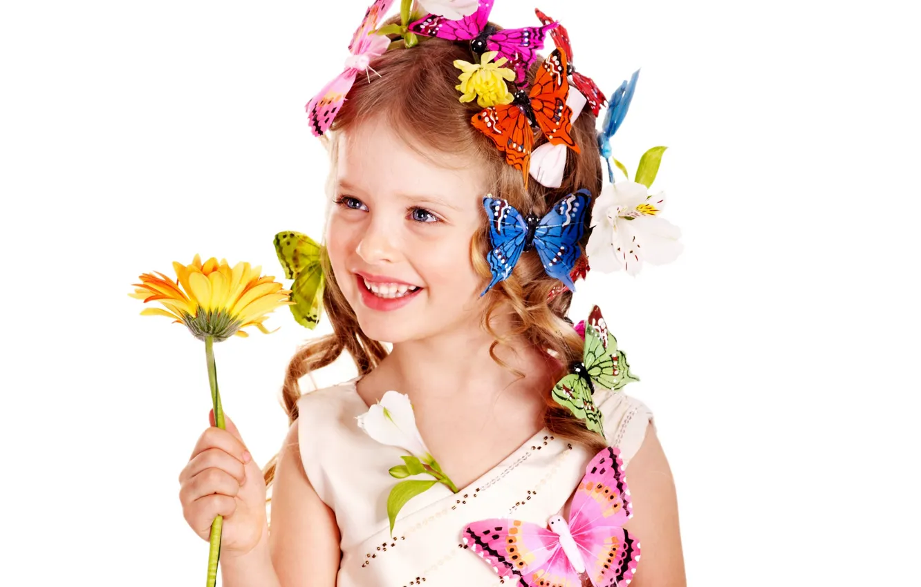 Фото обои цветок, бабочки, цветы, подсолнух, Girl, блондинка, девочка, кудряшки