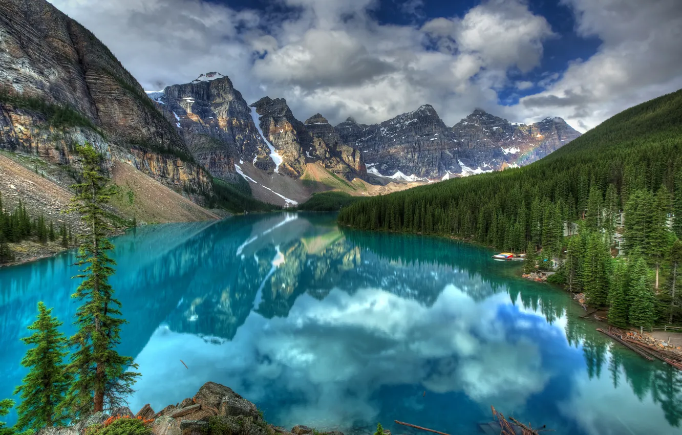Фото обои лес, небо, облака, горы, Канада, озёра