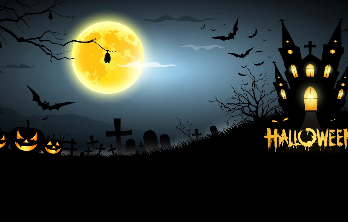 Фото обои дом, кладбище, тыквы, ужас, horror, Хэллоуин, house, страшно