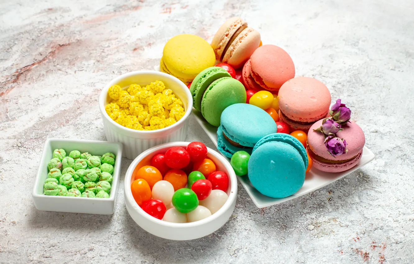 Фото обои конфеты, сладости, драже, макарон