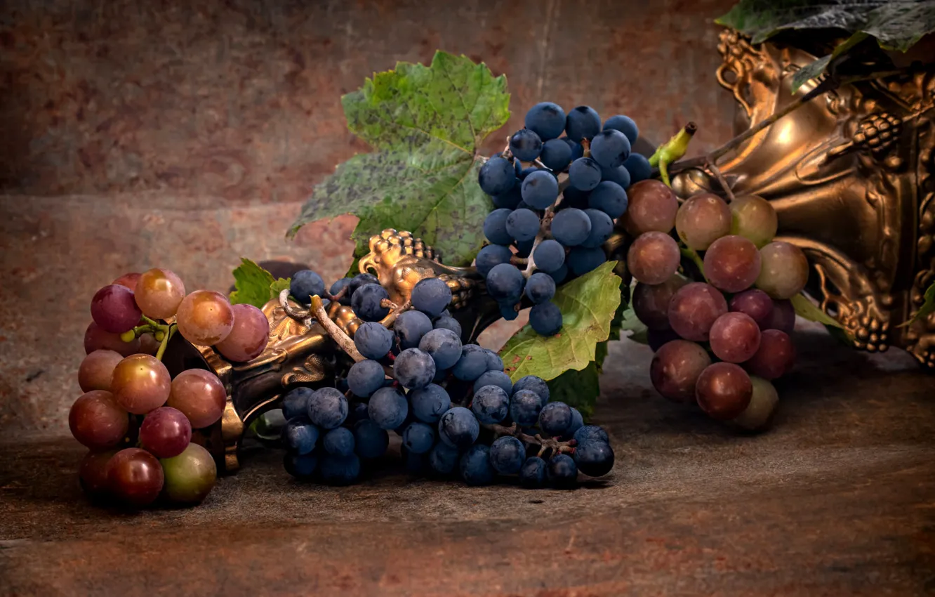 Фото обои листья, синий, красный, металл, ягоды, фон, еда, виноград