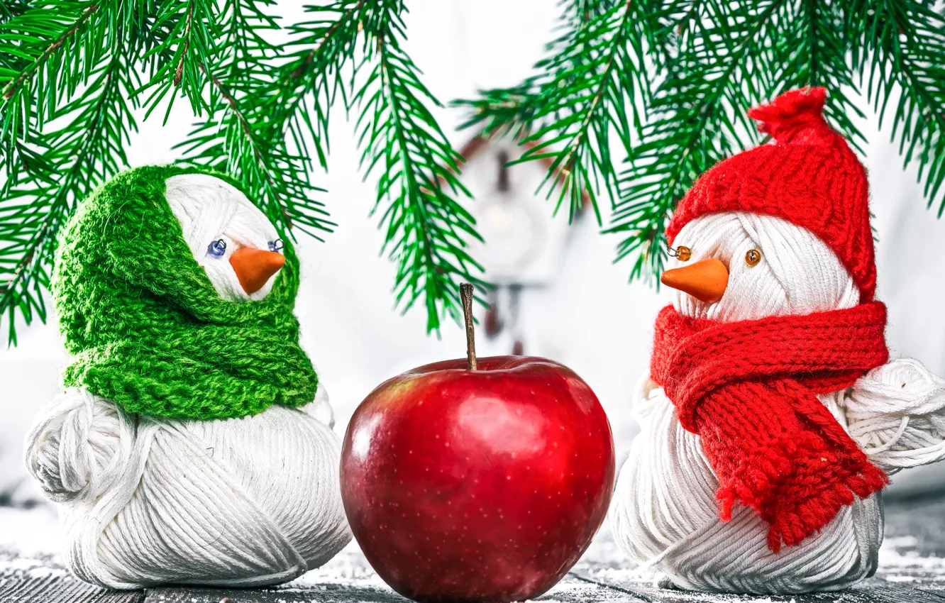 Фото обои фон, подарок, ель, ветка, Новый год, снеговик, box, gift