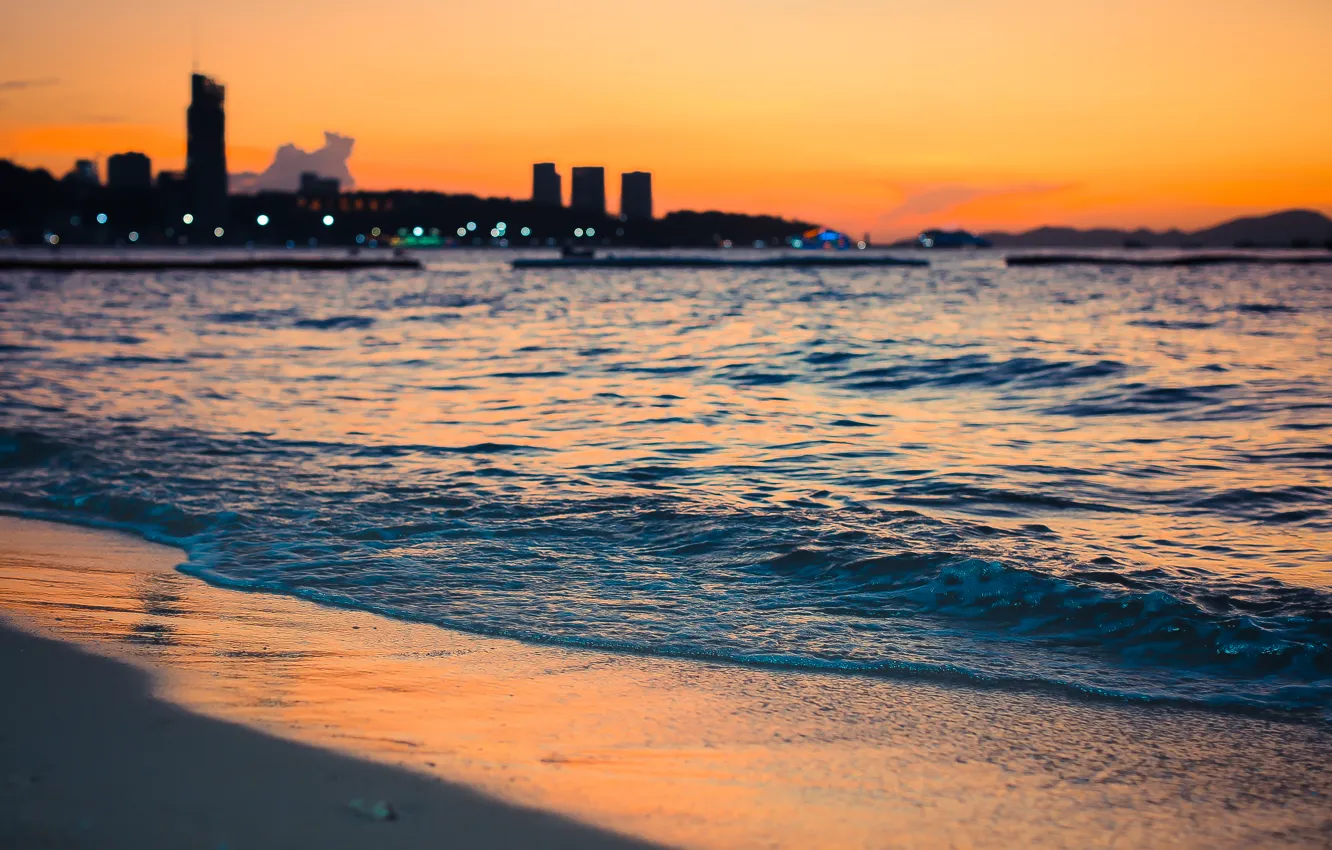 Фото обои песок, море, пляж, небо, вода, закат, отдых, краски