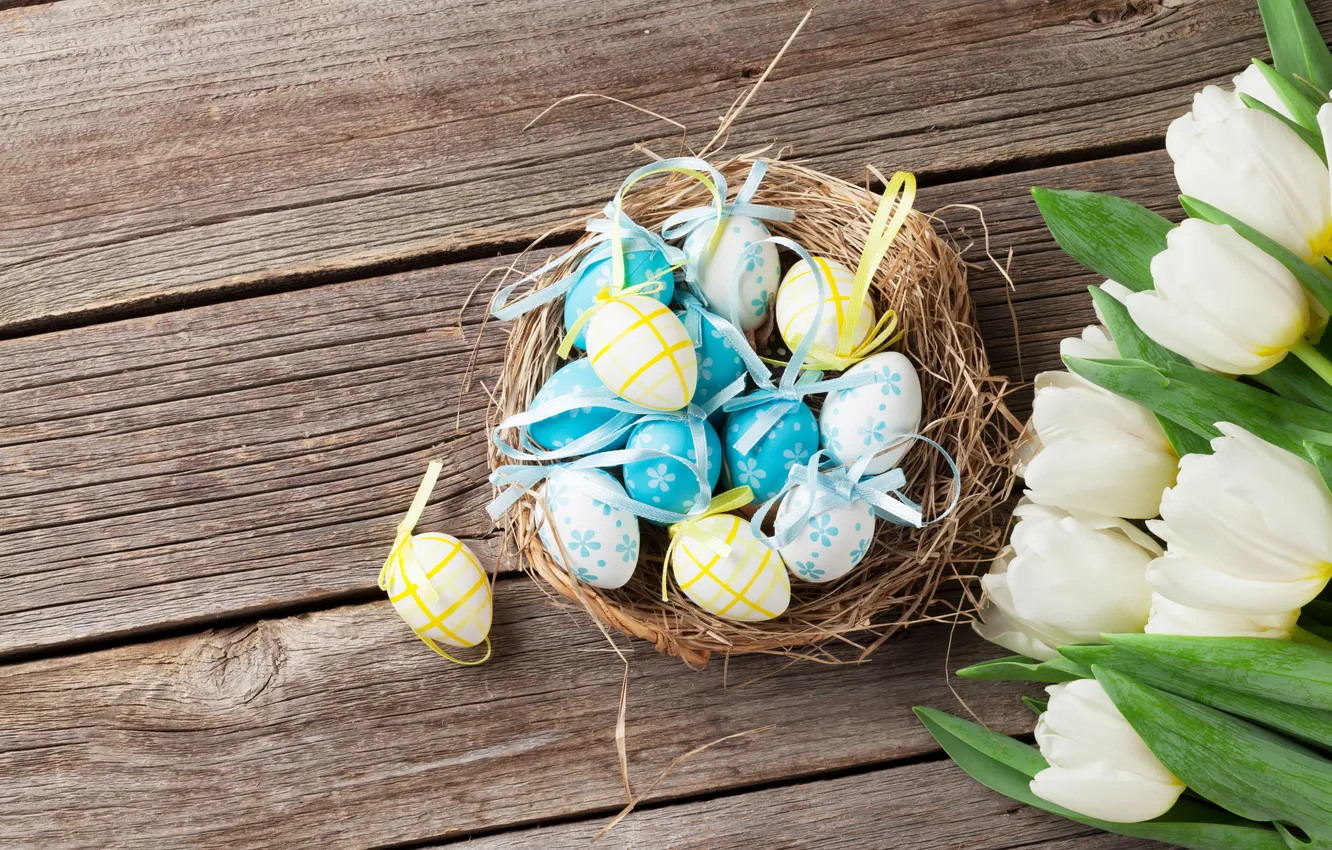 Фото обои цветы, яйца, весна, Пасха, white, wood, blue, flowers