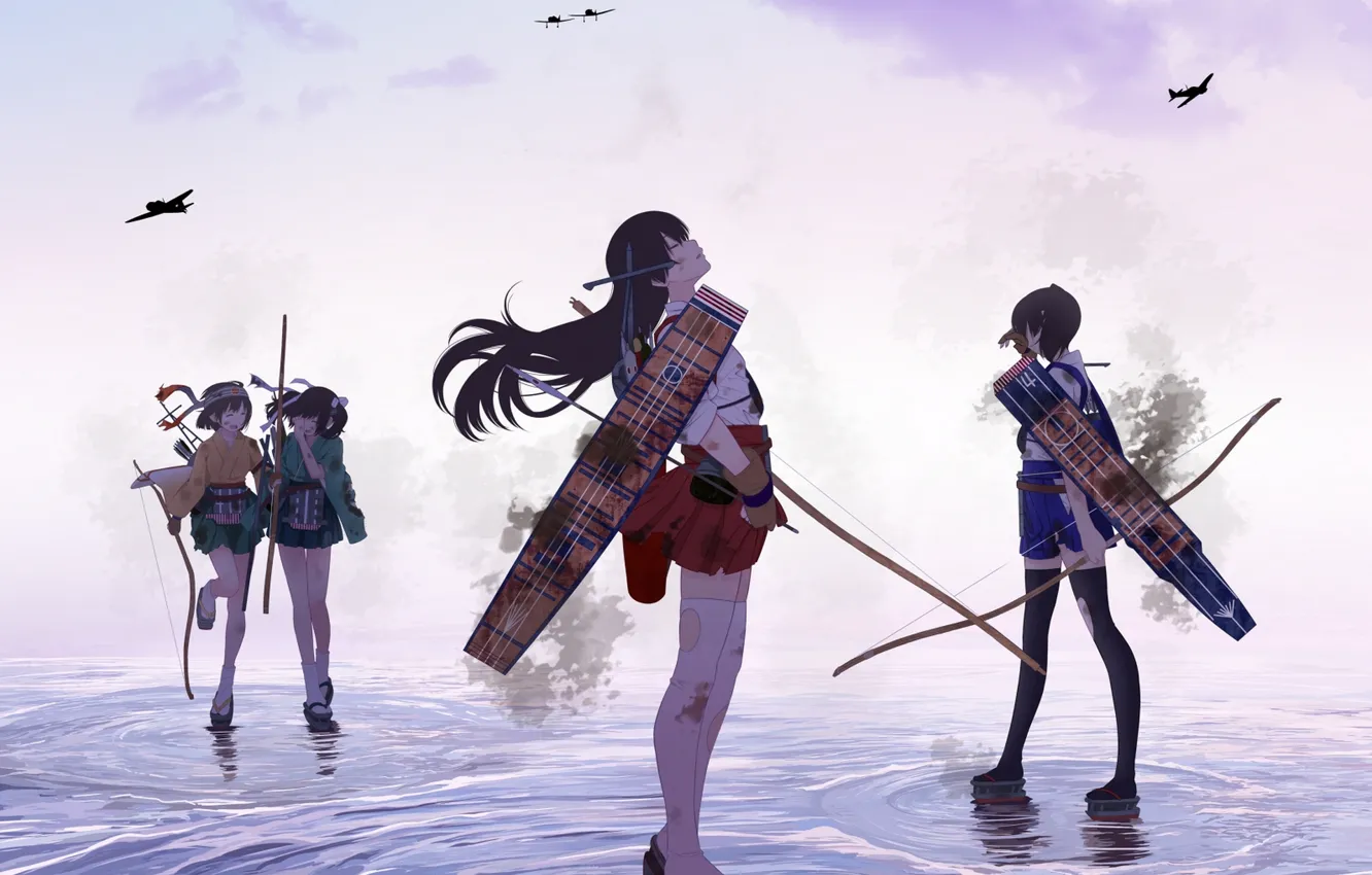 Фото обои вода, оружие, девушки, аниме, лук, арт, самолеты, стрелы