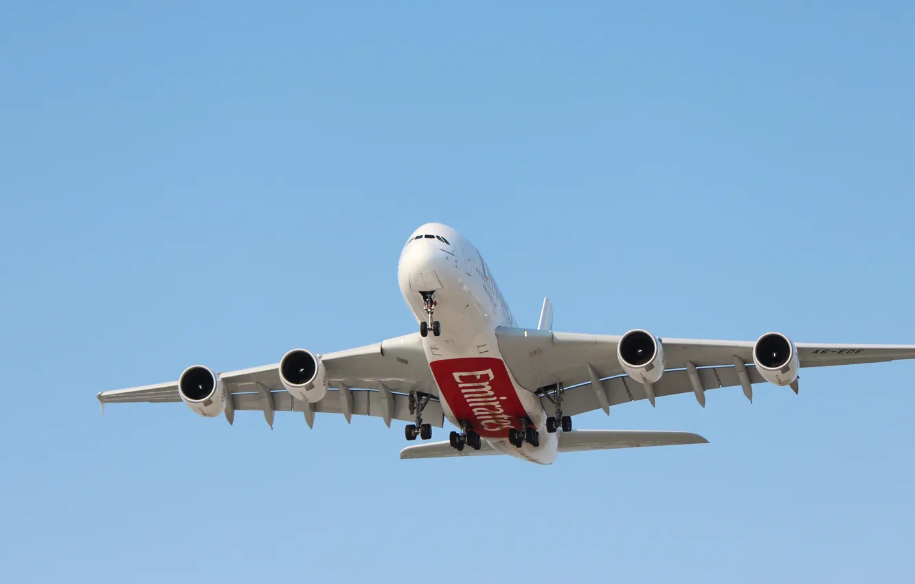 Фото обои Небо, Самолет, День, Авиация, A380, Airbus, В Воздухе, Летит