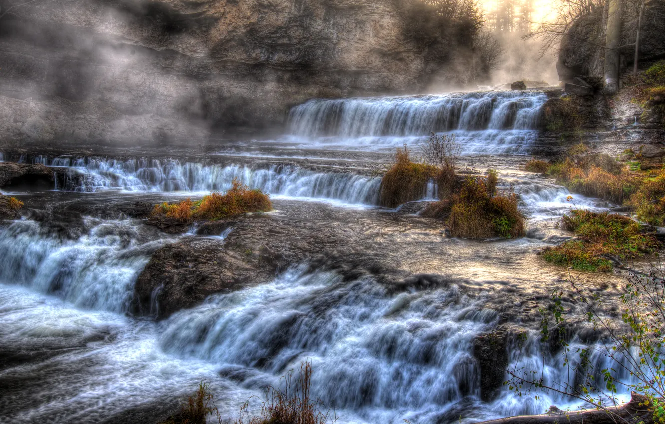 Фото обои осень, лес, туман, камни, скалы, водопад, каскад, бурный поток