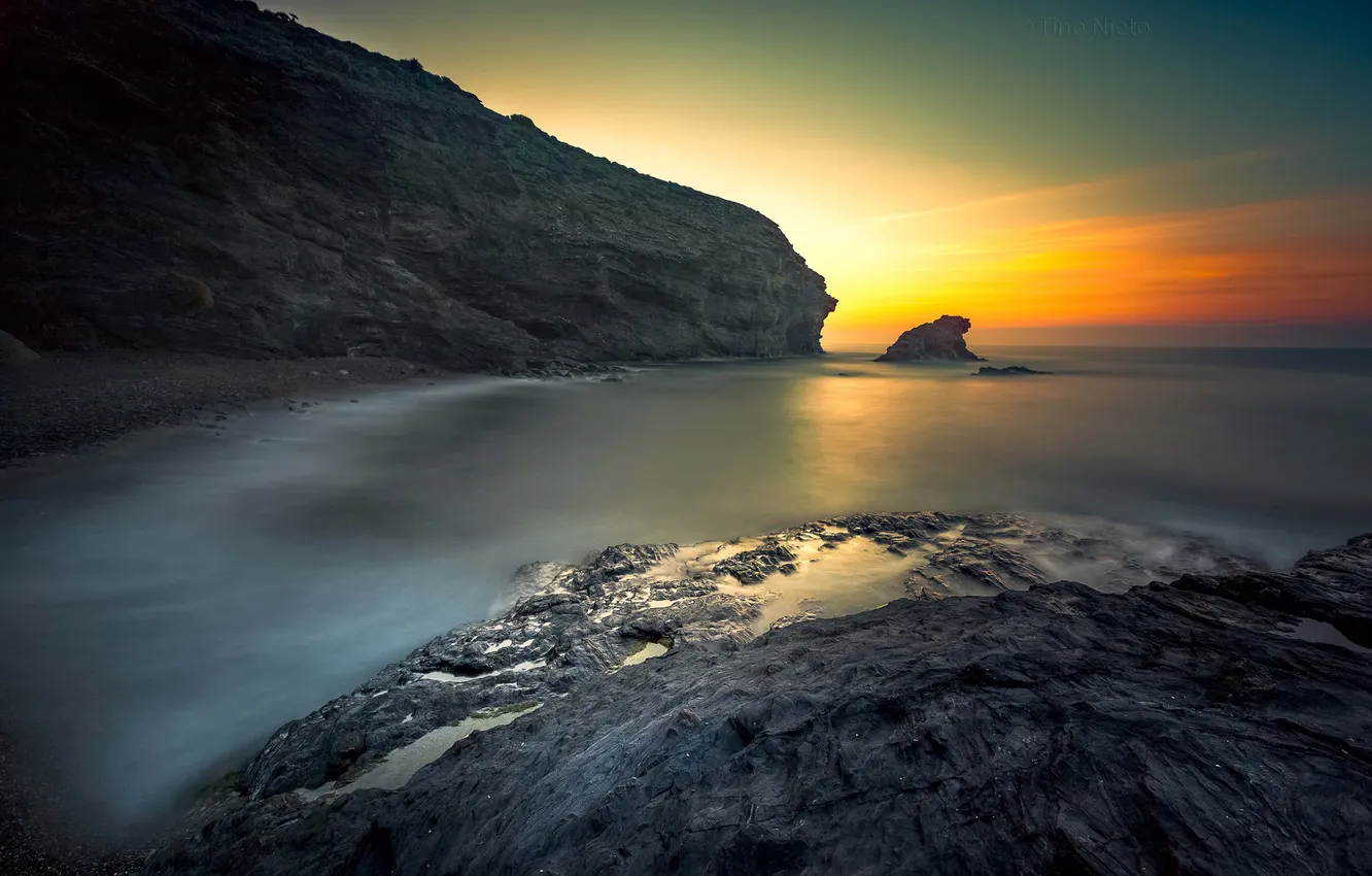Фото обои пейзаж, камни, океан, скалы, рассвет, берег