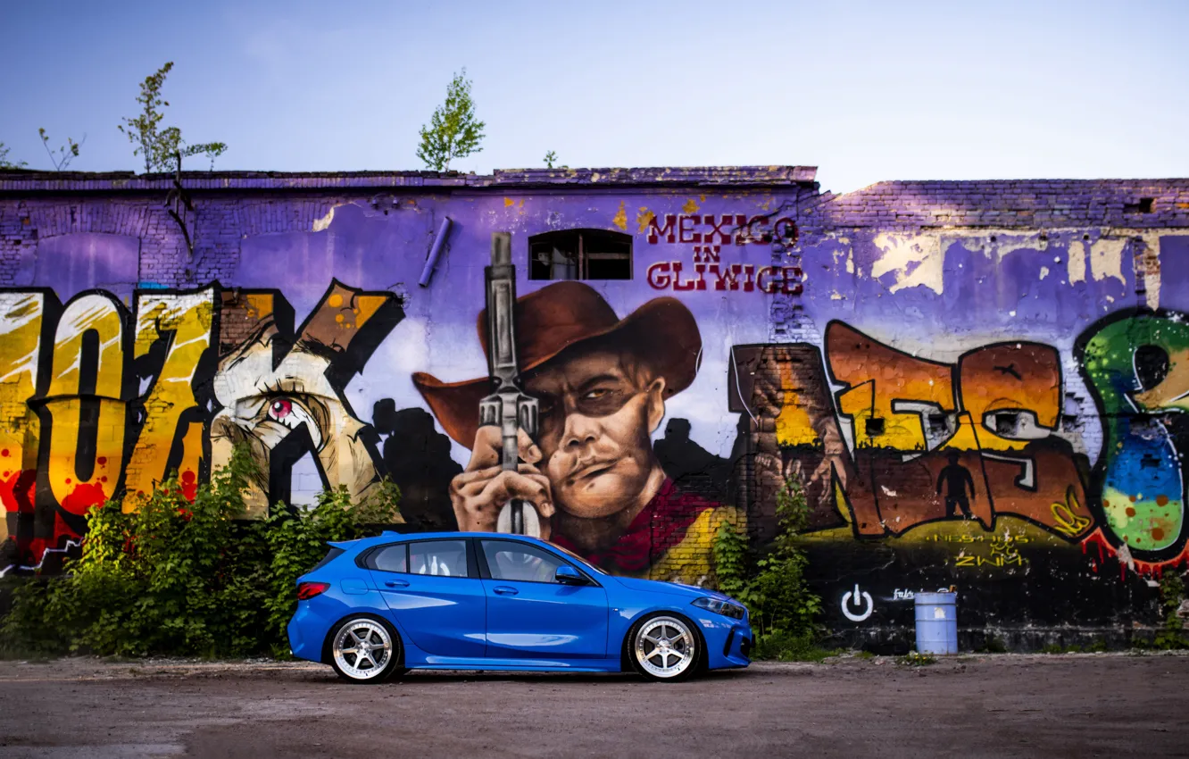 Фото обои BMW, Blue, Graffiti, Side, 1 Series, BMW 1 Series, JR Wheels