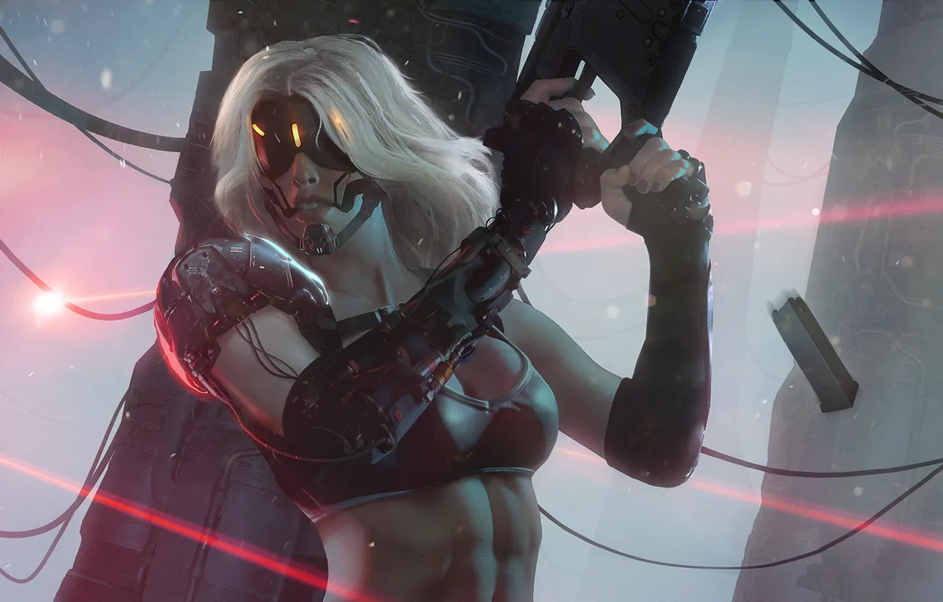 Фото обои gun, bra, woman, cyberpunk bionics