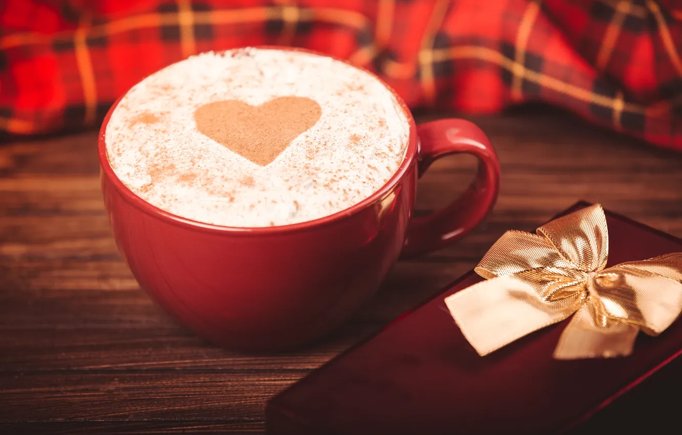 Фото обои пена, подарок, сердце, кофе, чашка, красная, сердечко, капучино