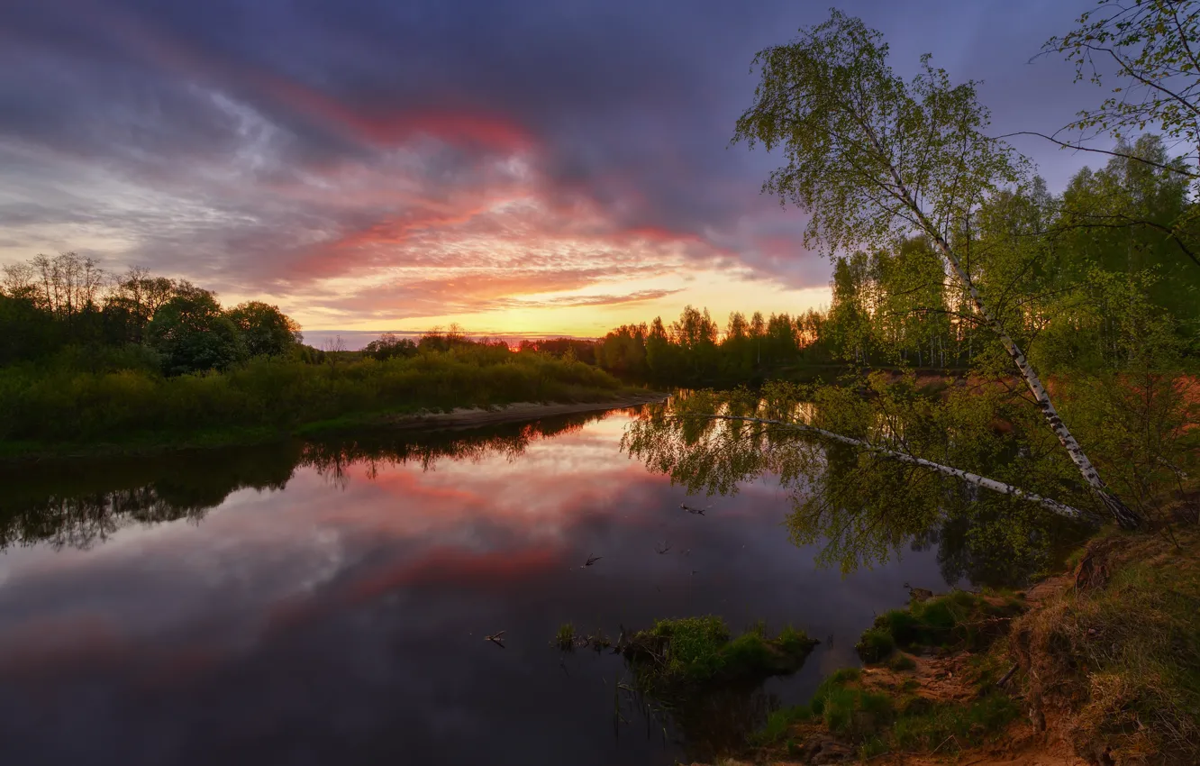 Фото обои лето, небо, вода, деревья, закат, река, берег, Максим Евдокимов