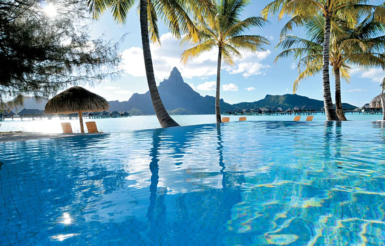 Фото обои пальмы, океан, бассейн, курорт, french polynesia, bora-bora