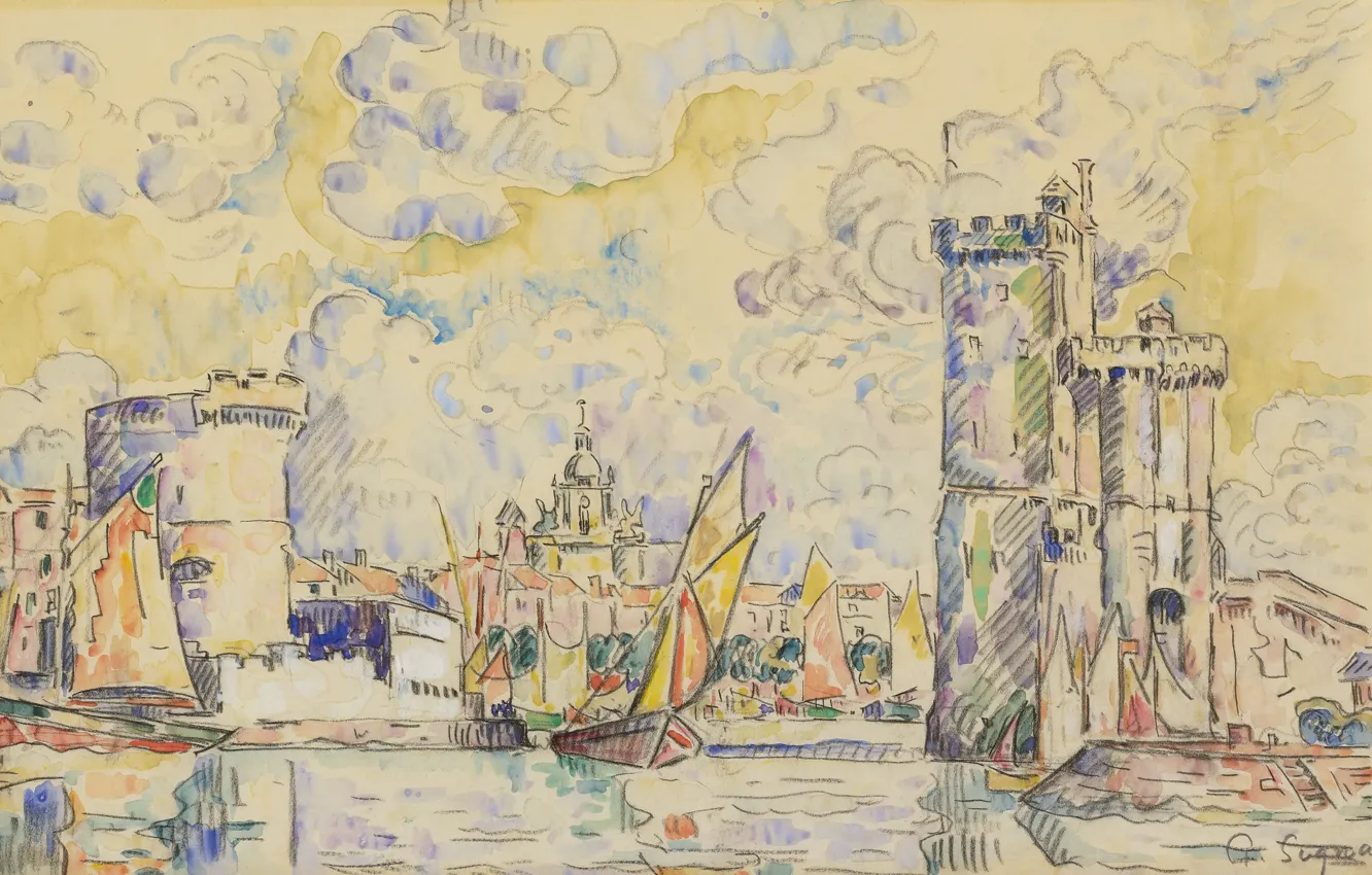 Фото обои рисунок, акварель, Поль Синьяк, Порт Ла-Рошель, Paul Signac