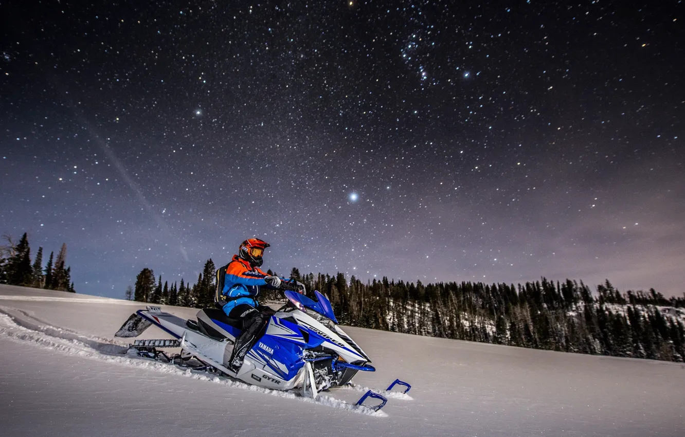 Фото обои Лес, Yamaha, Звёзды, Снегоход, Snowmobile