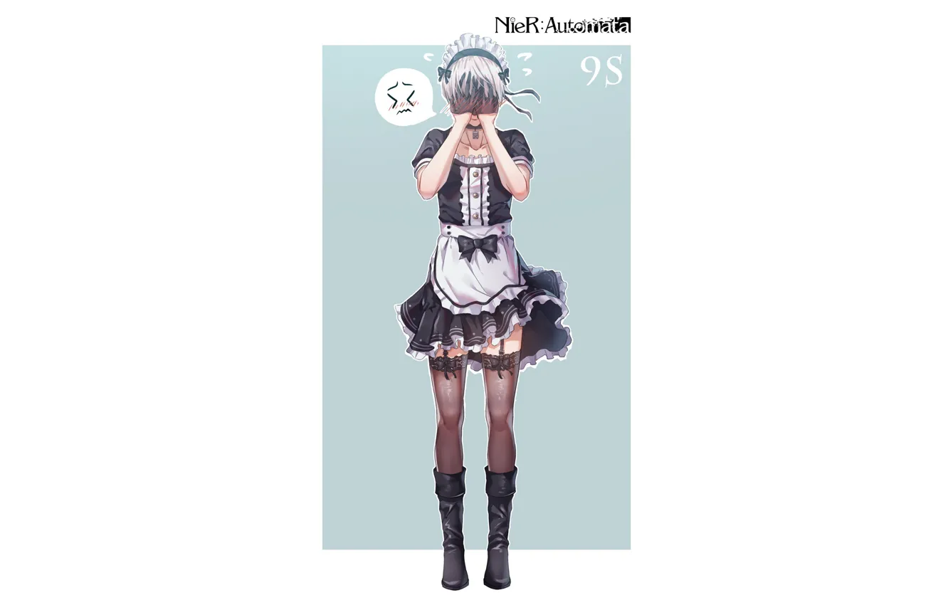 Фото обои мальчик, арт, прикол, повязка на глаза, горничная, Nier Automata, YoRHa No 9 Type S