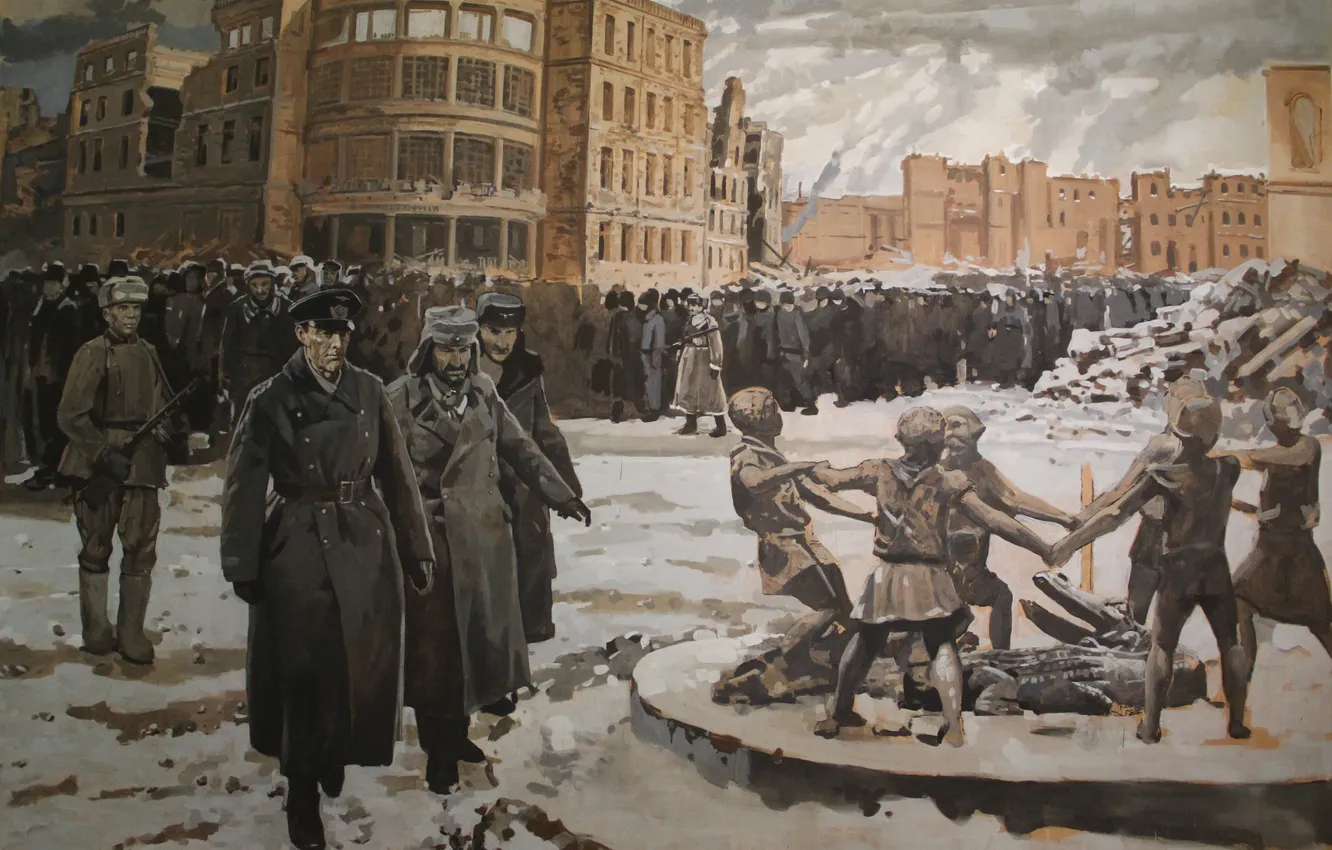 Фото обои Зима, Снег, Война, Картина, Солдаты, Русские, ВОВ, Немцы
