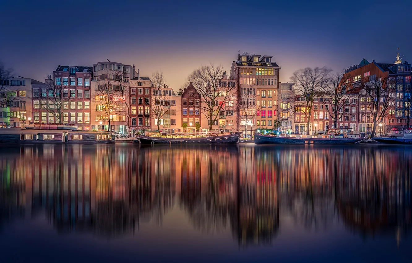 Фото обои ночь, канал, Amsterdam