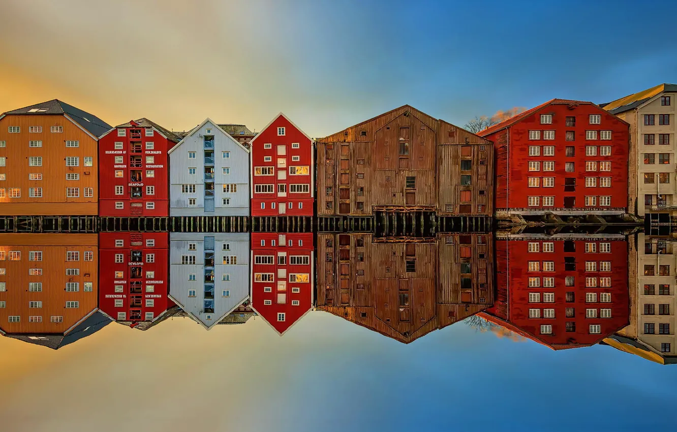 Фото обои отражение, дома, Norway, Trondheim