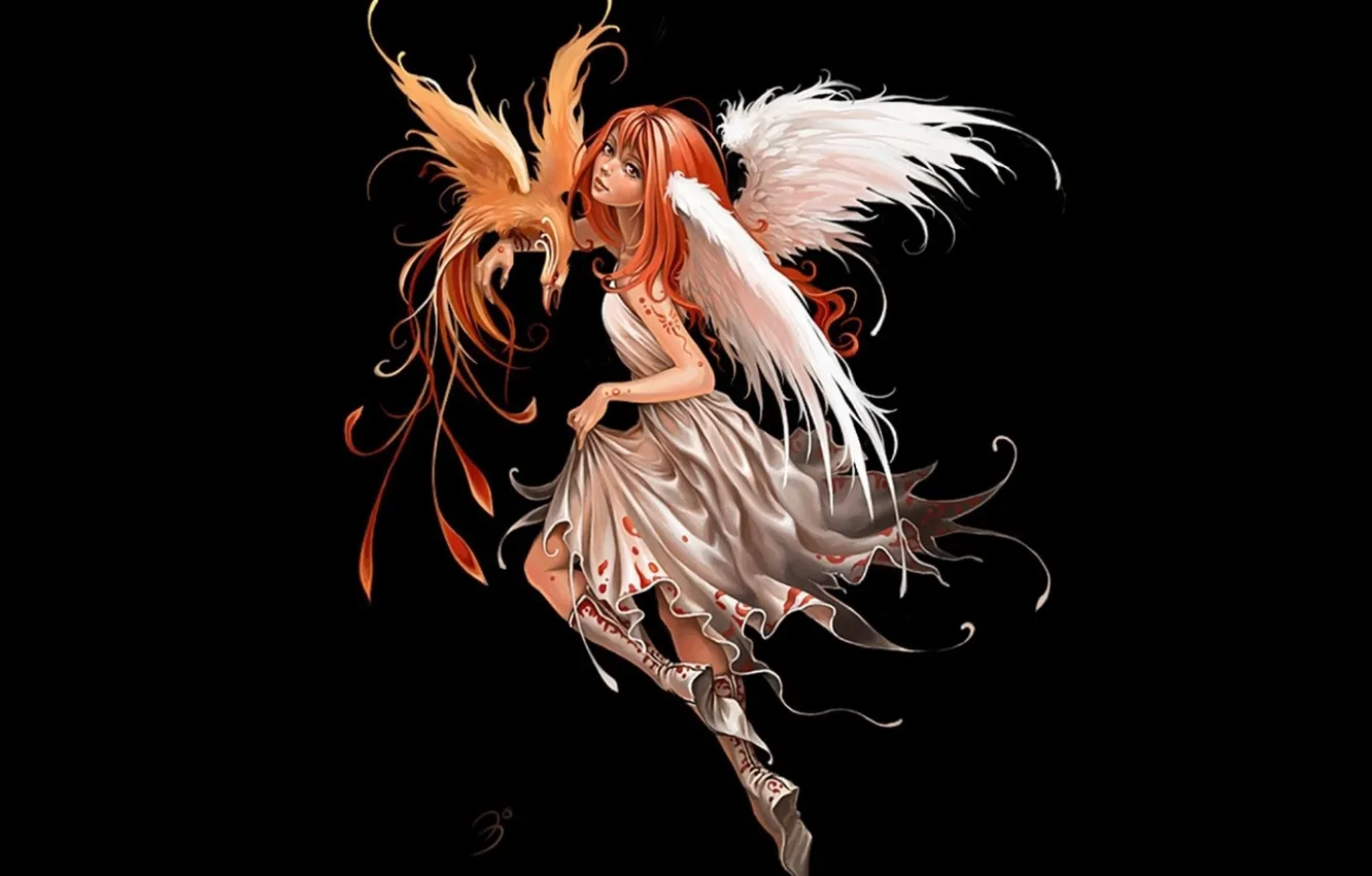 Фото обои эльф, крылья, фея, рыжая, черный фон, феникс, белое платье