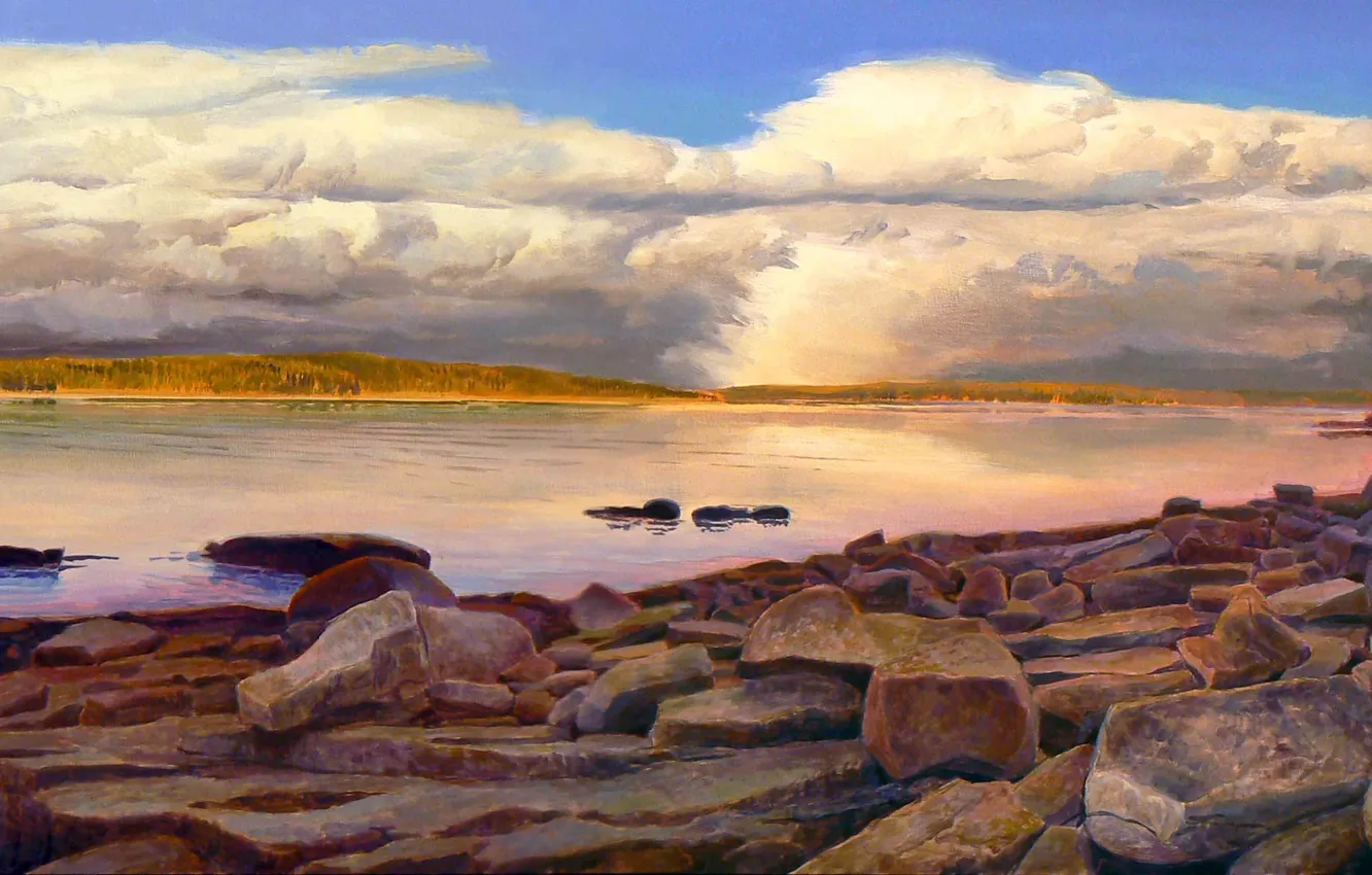 Фото обои облака, пейзаж, озеро, камни, картина