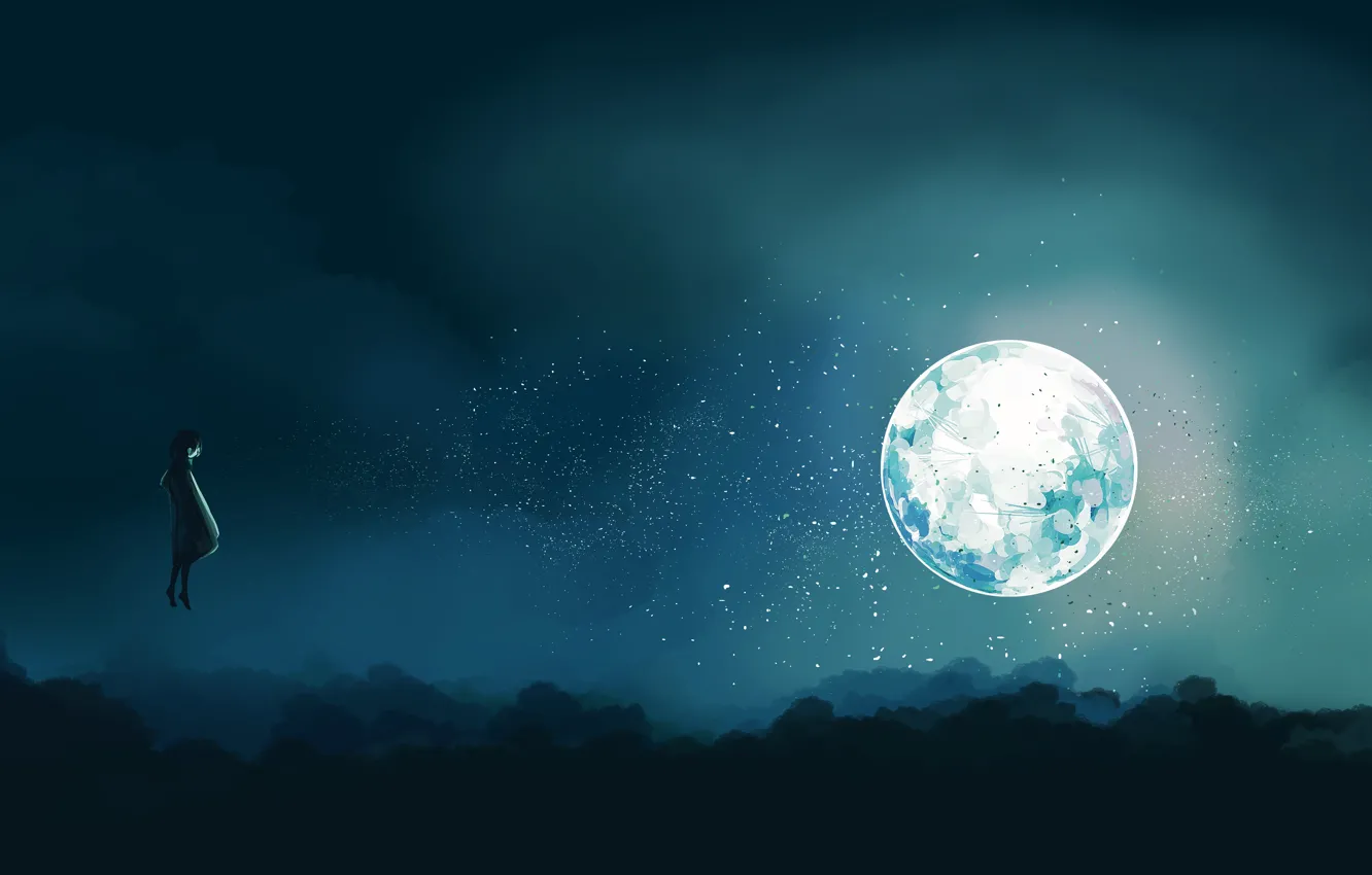 Фото обои ночь, луна, фэнтези, девочка, парит