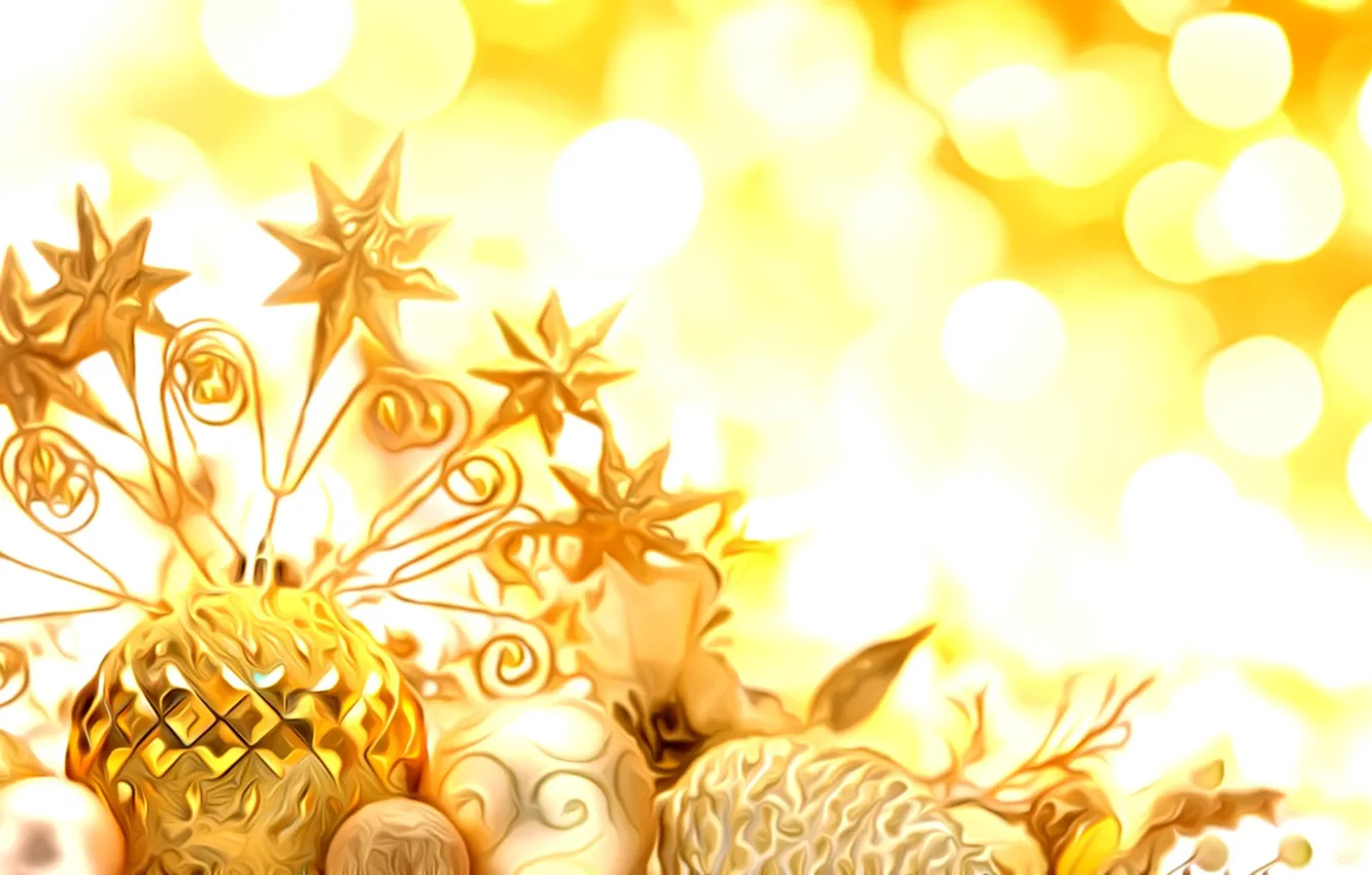 Фото обои свет, блики, рендеринг, праздник, обработка, Новый Год, елочные игрушки, золотые украшения