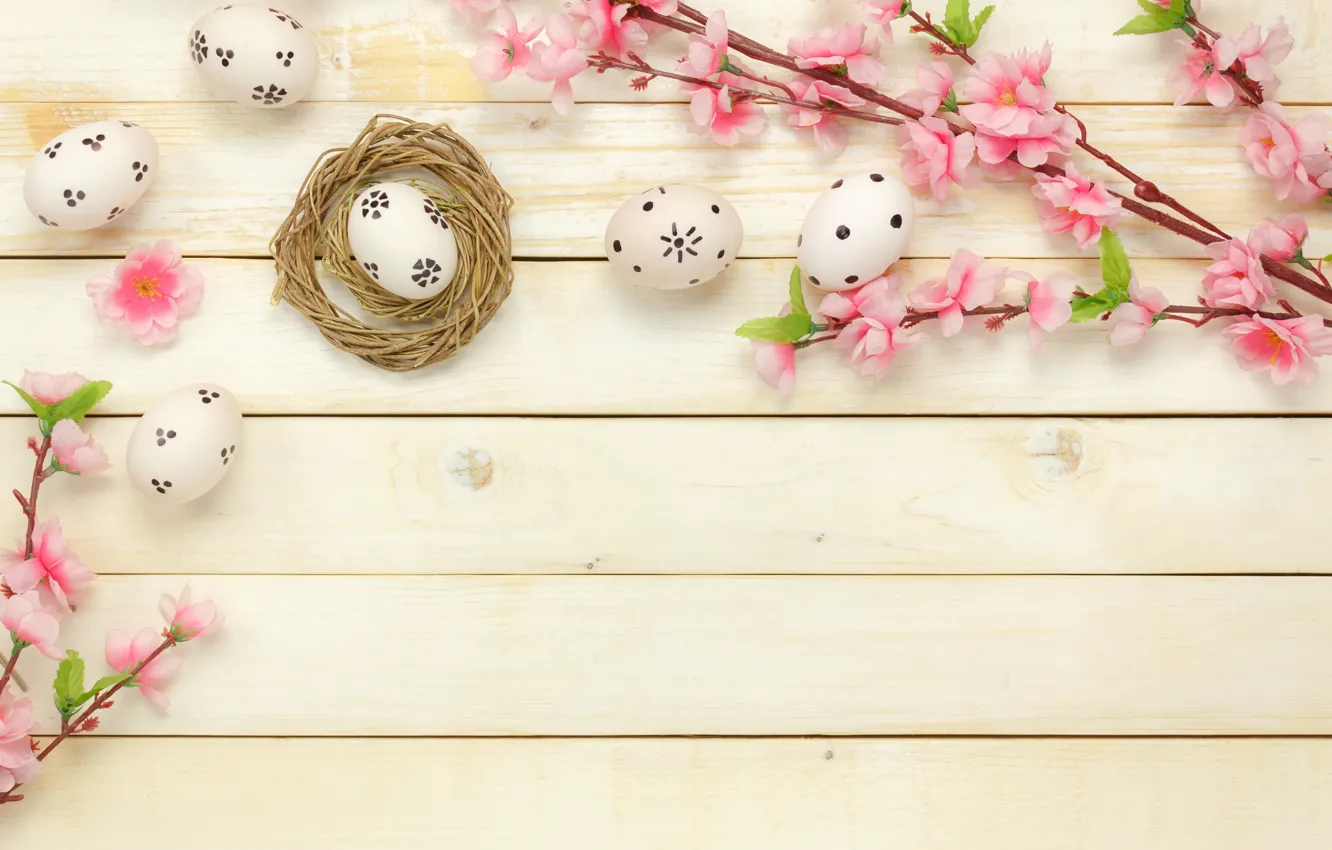 Фото обои цветы, корзина, яйца, весна, Пасха, розовые, wood, pink