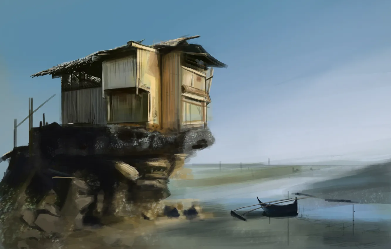 Фото обои вода, пейзаж, озеро, дом, река, лодка, арт, постройка