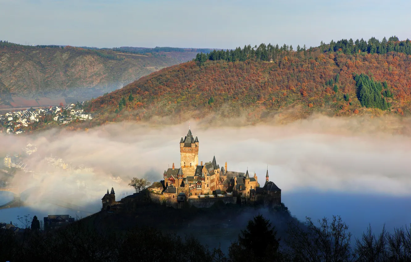 Фото обои горы, туман, река, замок, Германия, вид сверху, Cochem, Reichsburg