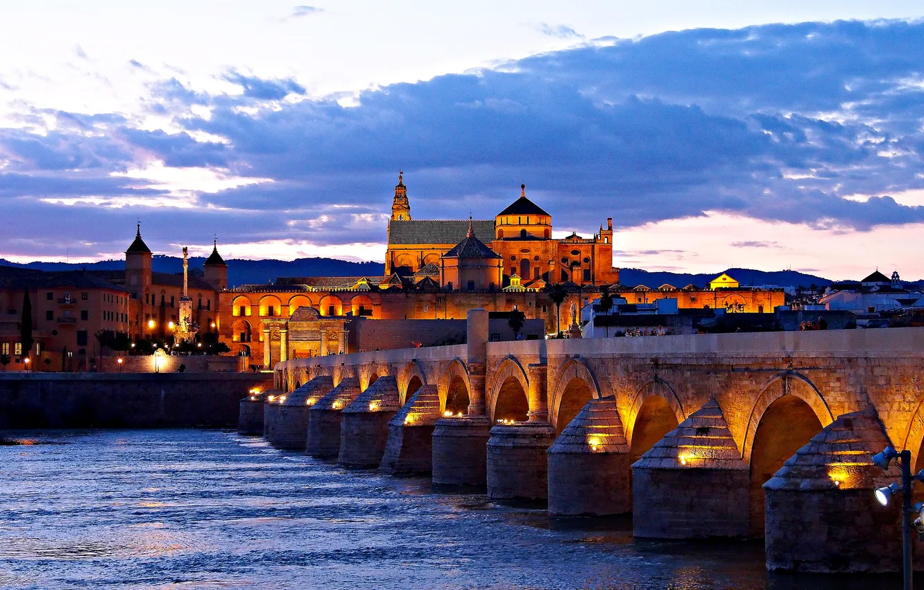 Фото обои ночь, мост, огни, река, дома, Испания, Кордова