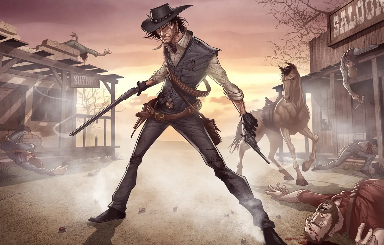 Фото обои конь, игра, мужик, убийство, оружия, револьвер, patrick brown, saloon