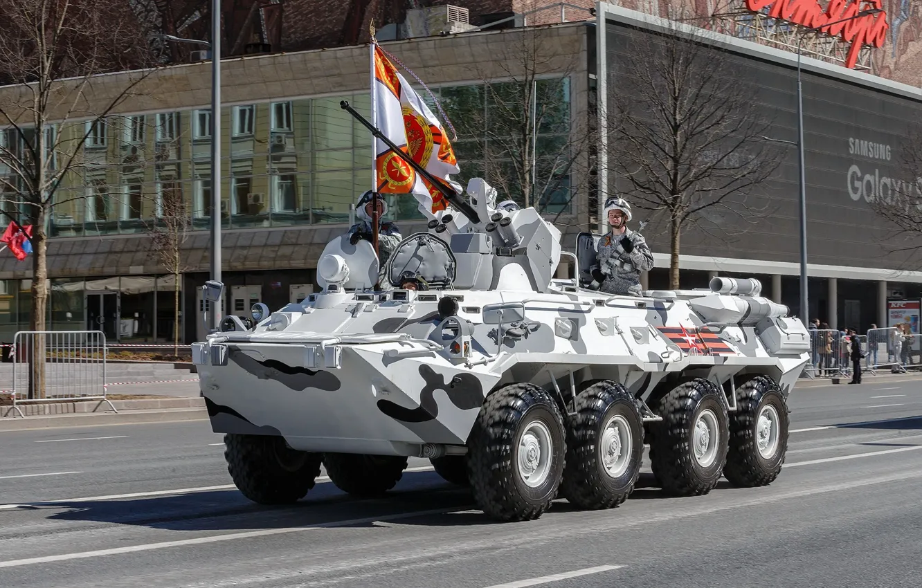 Фото обои флаг, Парад Победы, БТР-82А, Бронетехника, Зимняя версия камуфляжа