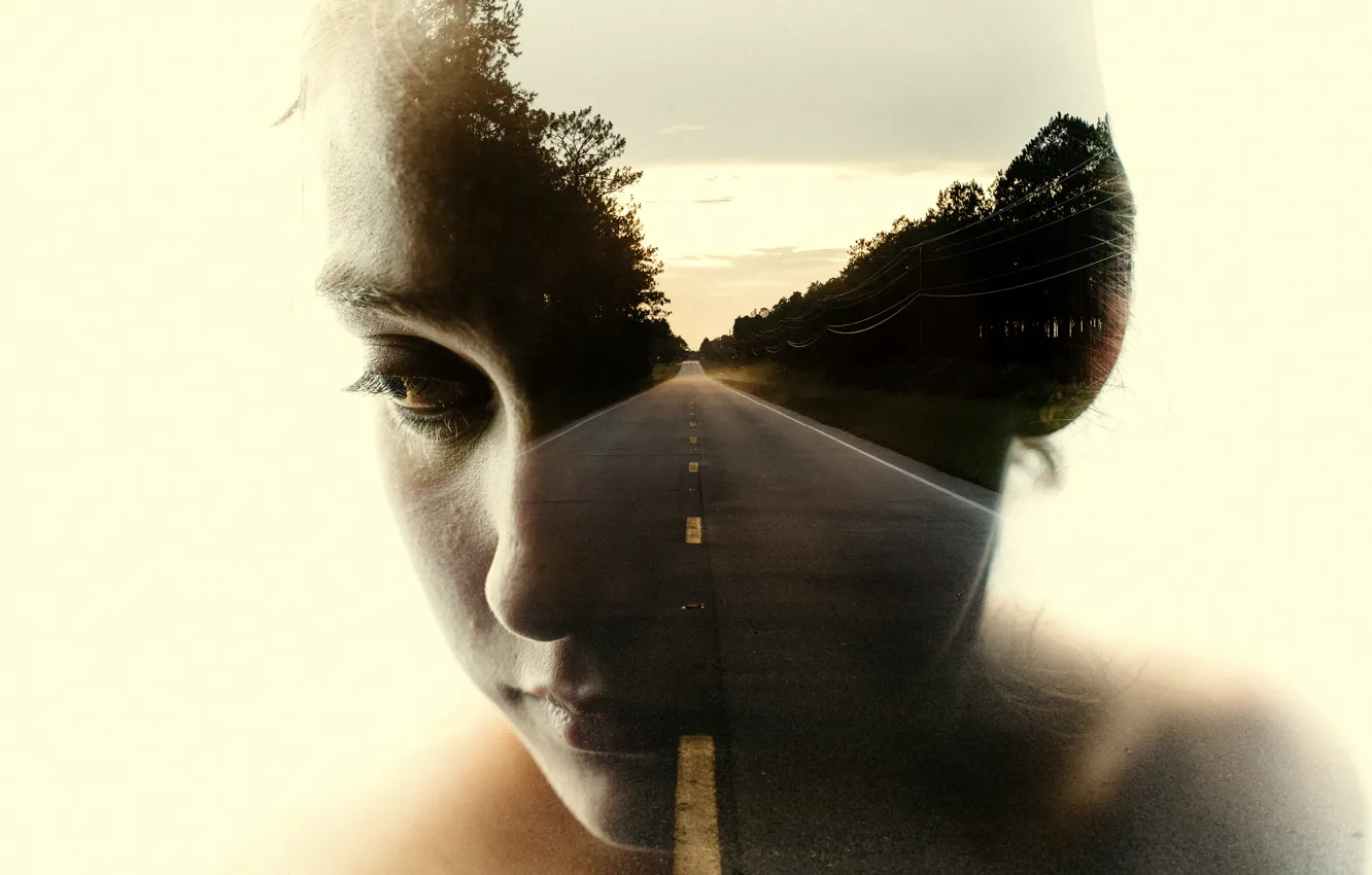 Фото обои дорога, девушка, абстракция