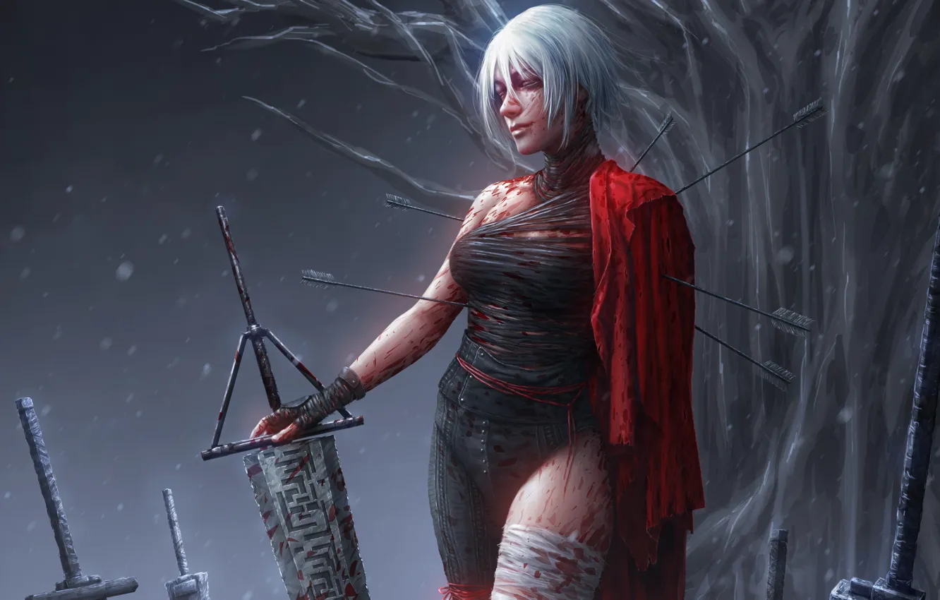 Фото обои девушка, фантастика, дерево, кровь, меч, воин, повязка, стрелы