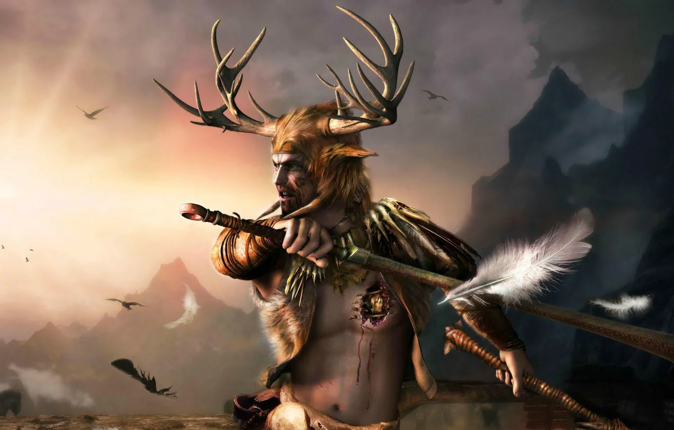 Фото обои оружие, сердце, перья, рога, шлем, мужчина, броня, the elder scrolls