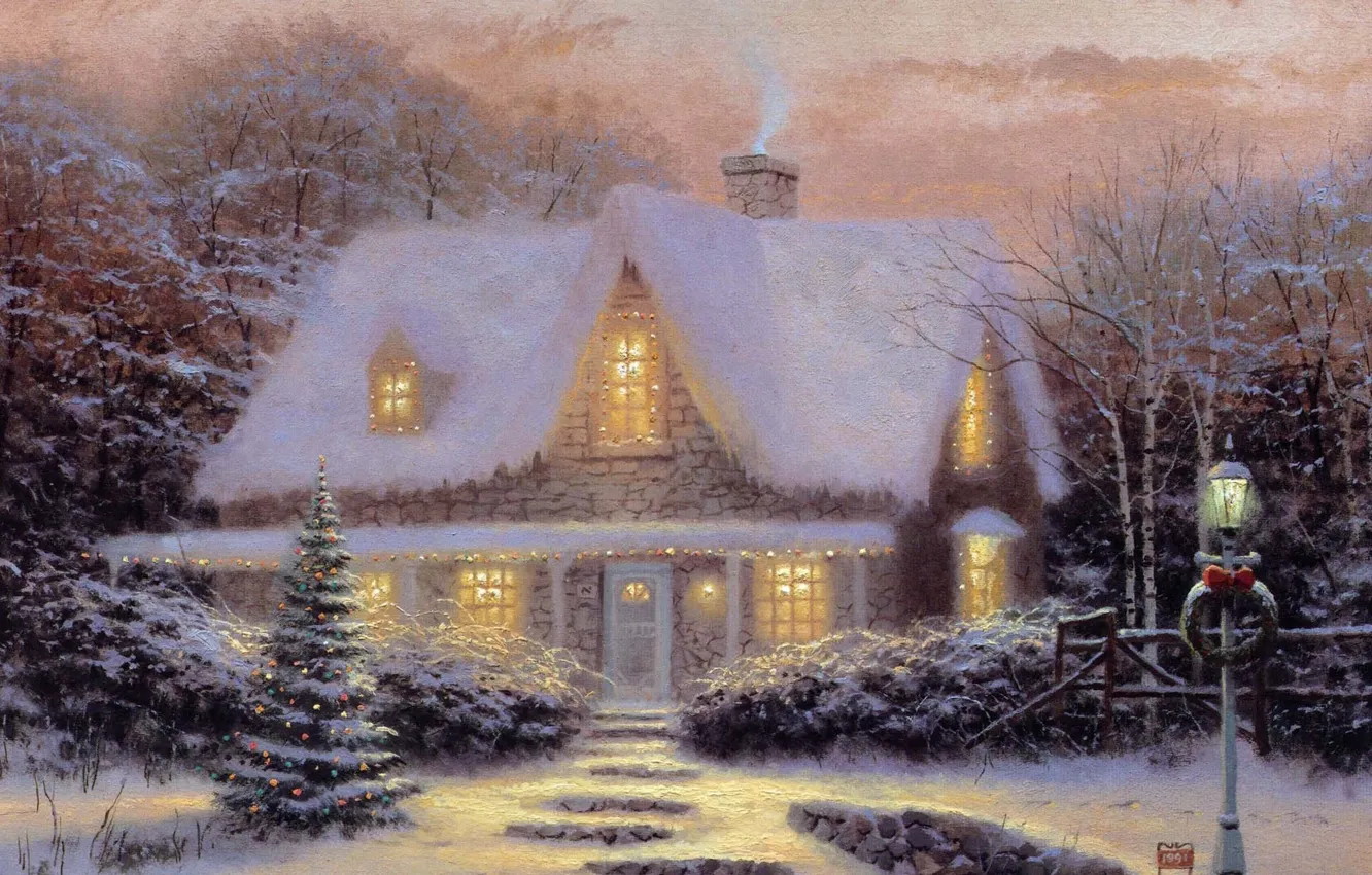 Фото обои зима, закат, игрушки, елка, вечер, Рождество, домик, Thomas Kinkade