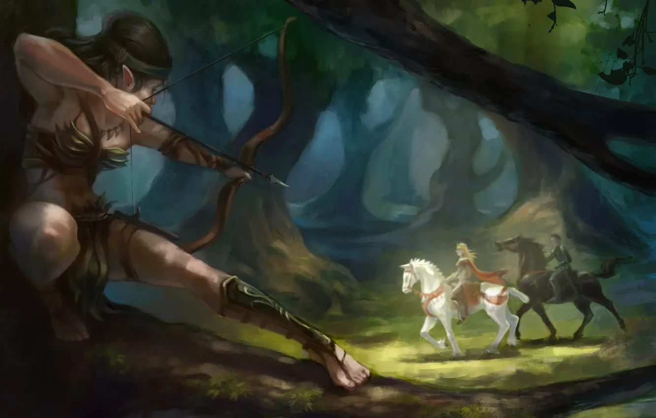Фото обои девушка, эльф, лошади, лук, лучница, стрела