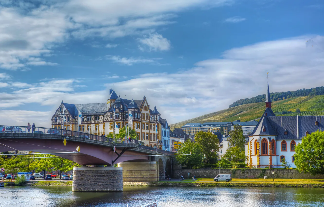 Фото обои мост, город, река, фото, дома, Германия, Bernkastel