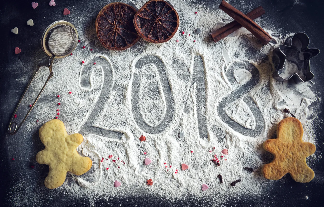 Фото обои украшения, Новый Год, печенье, Happy New Year, 2018, мука, cookies, decoration