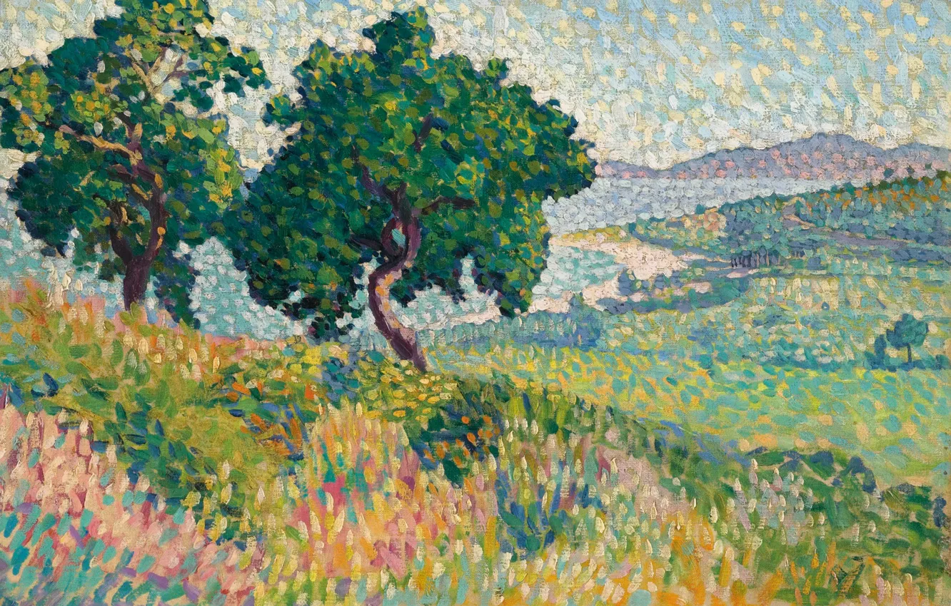 Фото обои пейзаж, картина, Henri Edmond Cross, пуантилизм, Анри Кросс, Залив Сен-Клер
