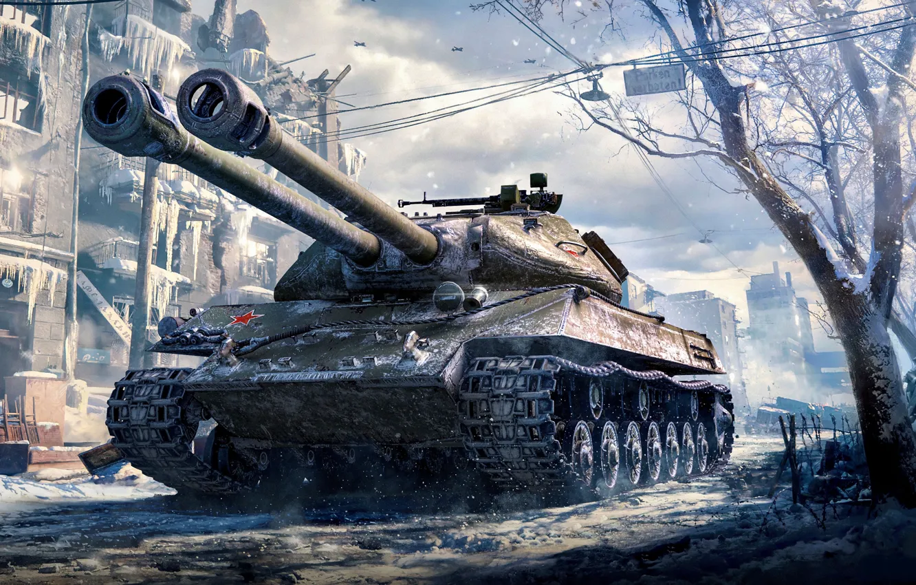 Фото обои Дома, Зима, Город, Снег, Мороз, Танк, Game, WoT