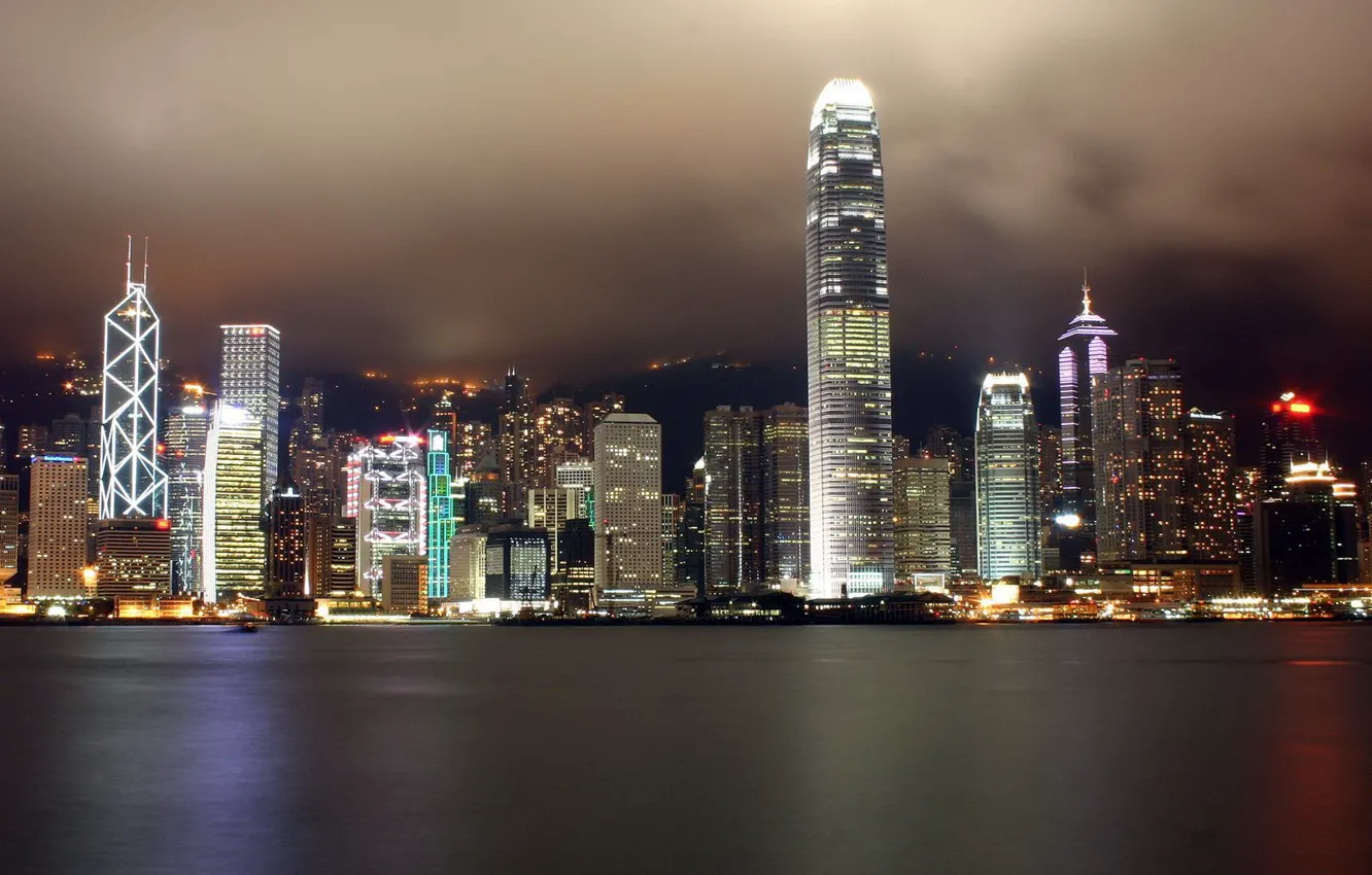 Фото обои ночь, Гонконг, небоскребы, Огни