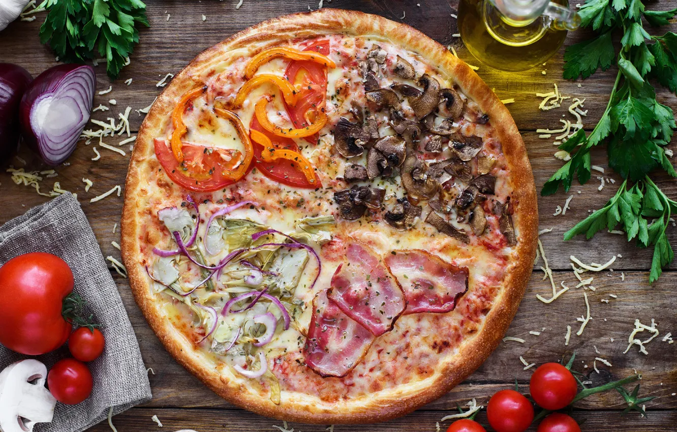 Фото обои зелень, грибы, сыр, мясо, пицца, помидоры